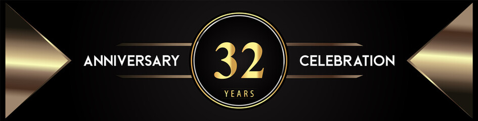 32 years anniversary celebration logo with gold number and metal triangle shapes on black background. Premium design for weddings, greetings card, happy birthday, poster, banner.