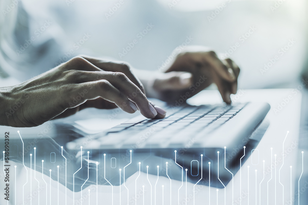 Poster creative abstract micro chip hologram and hands typing on computer keyboard on background, artificia