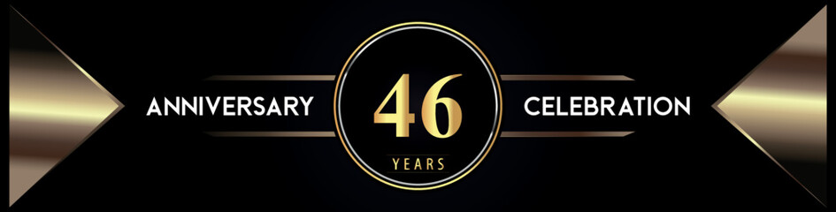 46 years anniversary celebration logo with gold number and metal triangle shapes on black background. Premium design for weddings, greetings card, happy birthday, poster, banner.