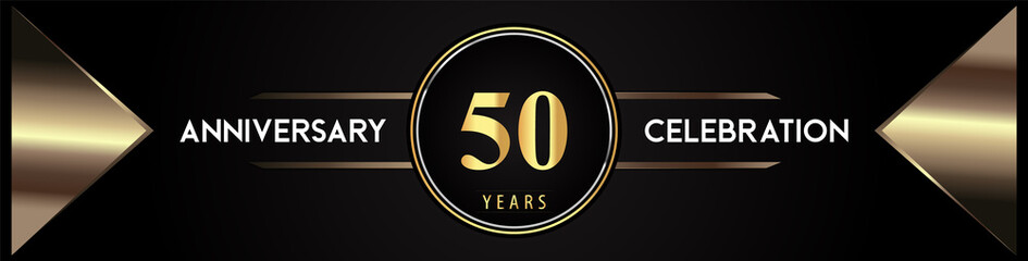 50 years anniversary celebration logo with gold number and metal triangle shapes on black background. Premium design for weddings, greetings card, happy birthday, poster, banner.