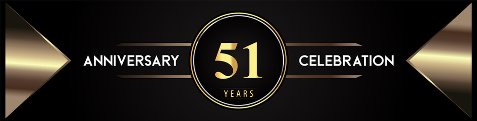51 years anniversary celebration logo with gold number and metal triangle shapes on black background. Premium design for weddings, greetings card, happy birthday, poster, banner.