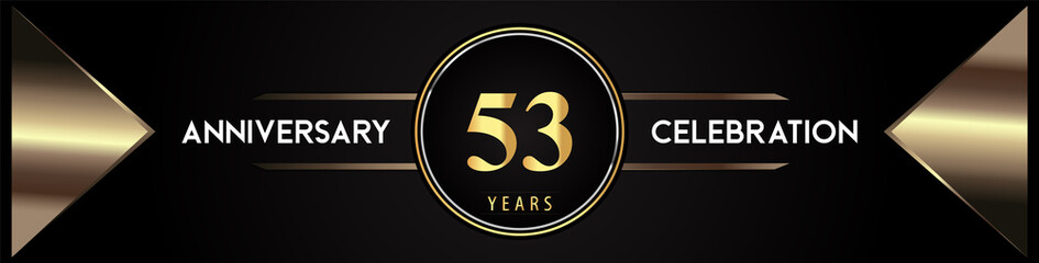53 years anniversary celebration logo with gold number and metal triangle shapes on black background. Premium design for weddings, greetings card, happy birthday, poster, banner.