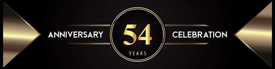 54 years anniversary celebration logo with gold number and metal triangle shapes on black background. Premium design for weddings, greetings card, happy birthday, poster, banner.