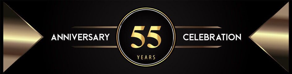 55 years anniversary celebration logo with gold number and metal triangle shapes on black background. Premium design for weddings, greetings card, happy birthday, poster, banner.