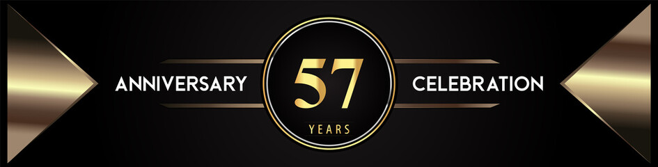 57 years anniversary celebration logo with gold number and metal triangle shapes on black background. Premium design for weddings, greetings card, happy birthday, poster, banner.