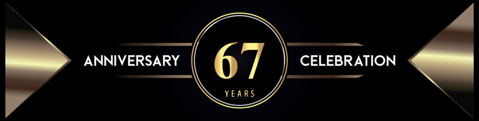 67 years anniversary celebration logo with gold number and metal triangle shapes on black background. Premium design for weddings, greetings card, happy birthday, poster, banner.