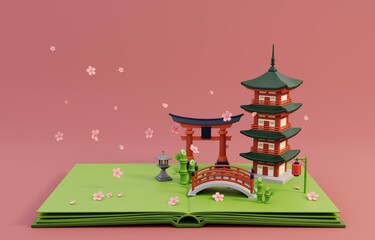 Fototapeta premium Pop up book with traditional symbols of architecture and culture of Japan. 3D Render Illustration.