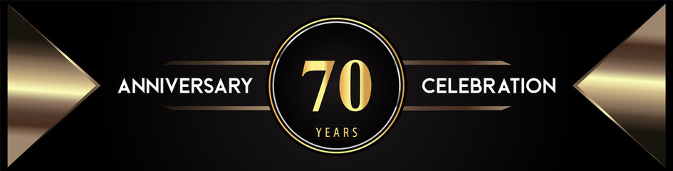 70 years anniversary celebration logo with gold number and metal triangle shapes on black background. Premium design for weddings, greetings card, happy birthday, poster, banner.
