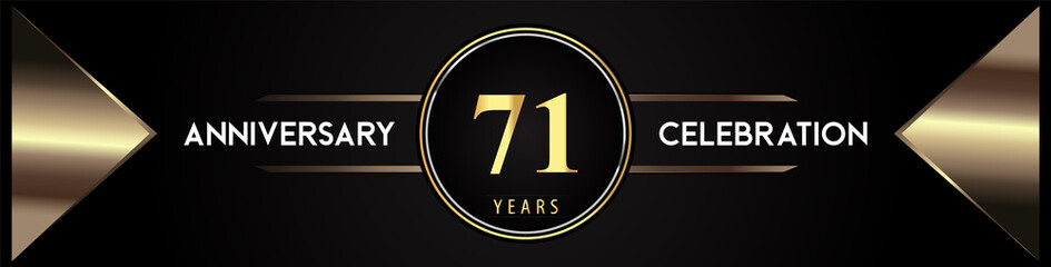 71 years anniversary celebration logo with gold number and metal triangle shapes on black background. Premium design for weddings, greetings card, happy birthday, poster, banner.