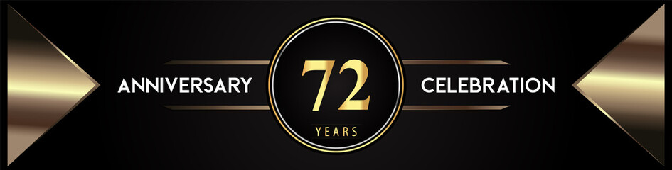 72 years anniversary celebration logo with gold number and metal triangle shapes on black background. Premium design for weddings, greetings card, happy birthday, poster, banner.
