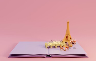 Pop up book with traditional symbols of architecture and culture of Paris, French. 3D Render Illustration.