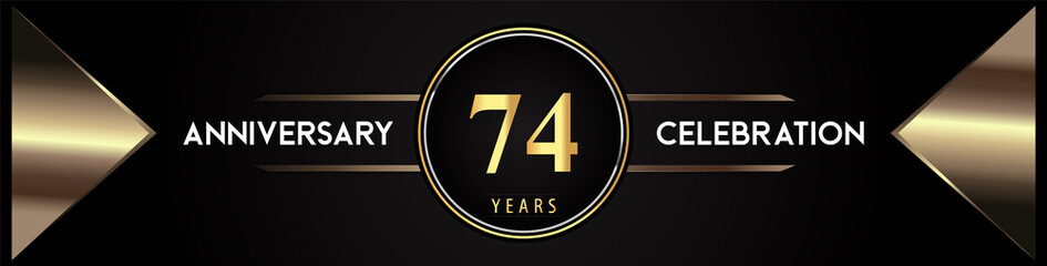 74 years anniversary celebration logo with gold number and metal triangle shapes on black background. Premium design for weddings, greetings card, happy birthday, poster, banner.