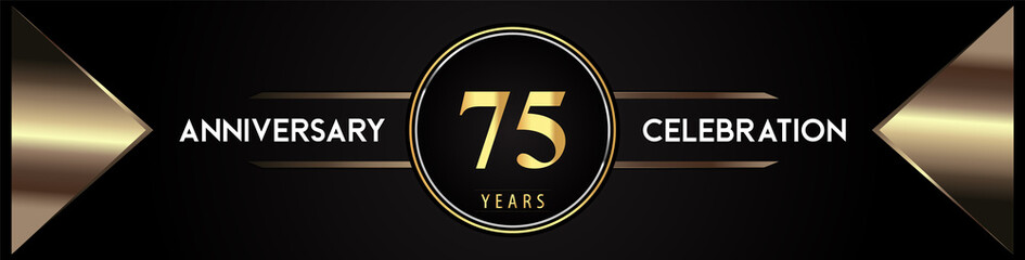 75 years anniversary celebration logo with gold number and metal triangle shapes on black background. Premium design for weddings, greetings card, happy birthday, poster, banner.