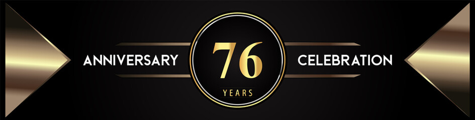 76 years anniversary celebration logo with gold number and metal triangle shapes on black background. Premium design for weddings, greetings card, happy birthday, poster, banner.