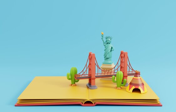 Welcome to USA. Pop up book with traditional symbols of architecture and culture of the United States of America. 3D Render Illustration.