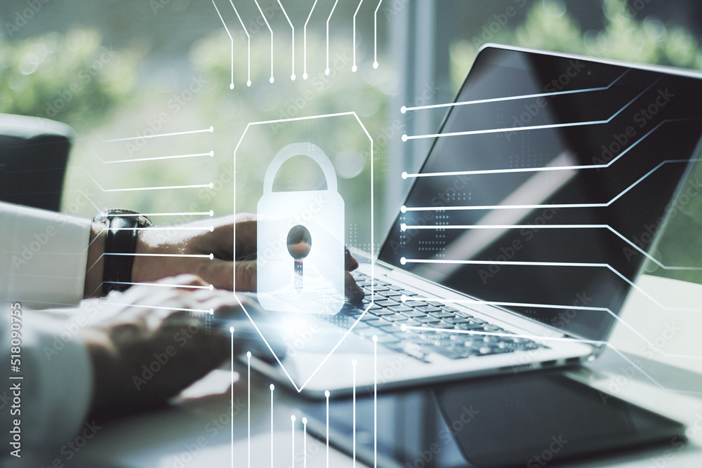 Poster creative lock sketch with chip hologram and hands typing on computer keyboard on background, protect