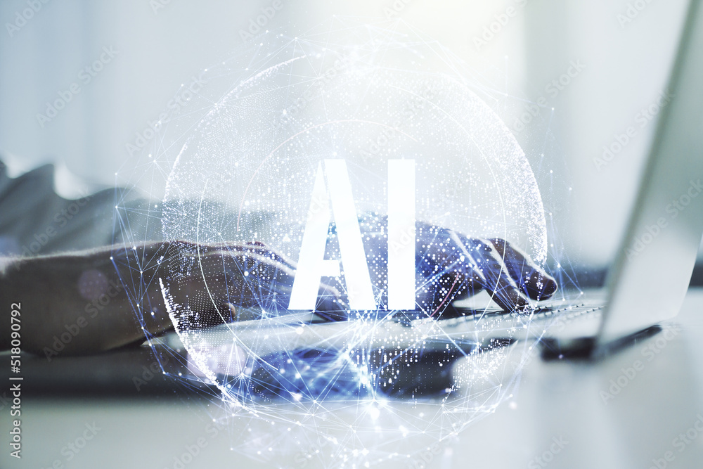 Poster creative artificial intelligence symbol concept with hands typing on computer keyboard on background
