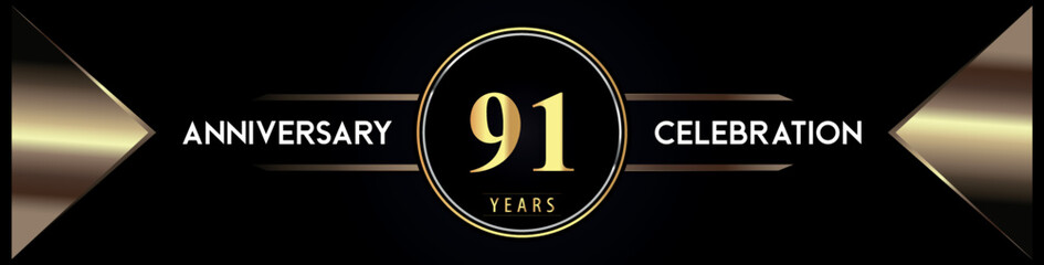 91 years anniversary celebration logo with gold number and metal triangle shapes on black background. Premium design for weddings, greetings card, happy birthday, poster, banner.