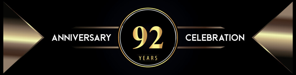 92 years anniversary celebration logo with gold number and metal triangle shapes on black background. Premium design for weddings, greetings card, happy birthday, poster, banner.