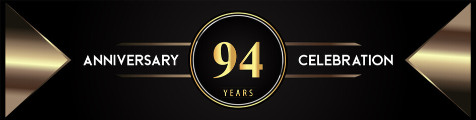 94 years anniversary celebration logo with gold number and metal triangle shapes on black background. Premium design for weddings, greetings card, happy birthday, poster, banner.