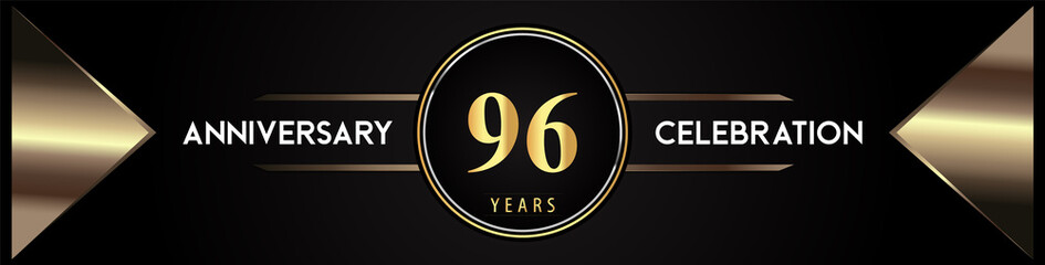 96 years anniversary celebration logo with gold number and metal triangle shapes on black background. Premium design for weddings, greetings card, happy birthday, poster, banner.