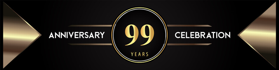 99 years anniversary celebration logo with gold number and metal triangle shapes on black background. Premium design for weddings, greetings card, happy birthday, poster, banner.