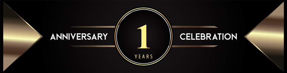 1 years anniversary celebration logo with gold number and metal triangle shapes on black background. Premium design for weddings, greetings card, happy birthday, poster, banner.