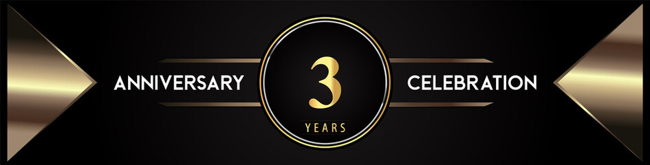 3 years anniversary celebration logo with gold number and metal triangle shapes on black background. Premium design for weddings, greetings card, happy birthday, poster, banner.