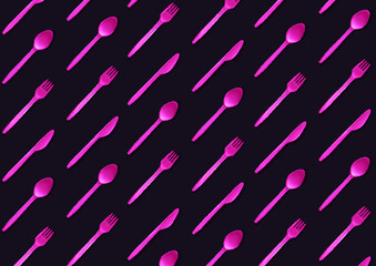 Pink plastic spoons pattern on black background. Vector illustration in horizontal format. Flat lay, top view