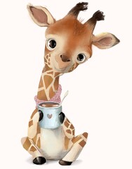 Little giraffe  with a glass of coffee and milk © cofeee