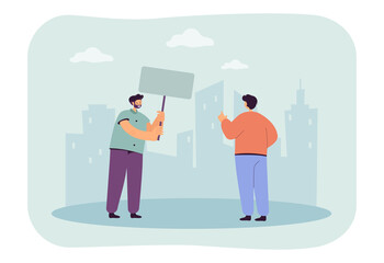 Male activist holding blank banner flat vector illustration. Person looking at protesting man. Demonstration, protest, equality, campaign concept for banner, website design or landing web page