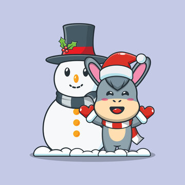 Cute donkey playing with Snowman. Cute christmas cartoon vector illustration.