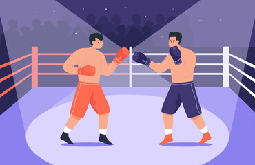 Boxers fighting in boxing ring flat vector illustration. Sportsmen in blue and red shorts and gloves punching each other in arena or stadium in spotlight. Wrestling match, sport, competition concept