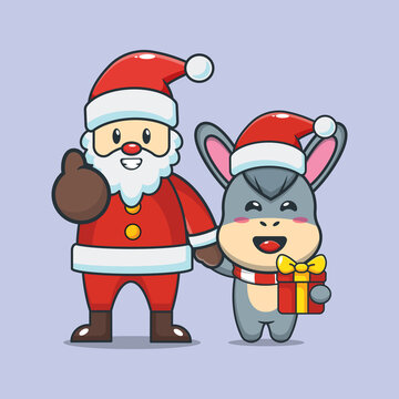 Cute donkey with santa claus. Cute christmas cartoon vector illustration.
