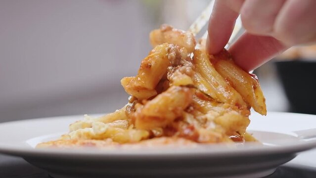 Serving of pasta al forno on a plate.