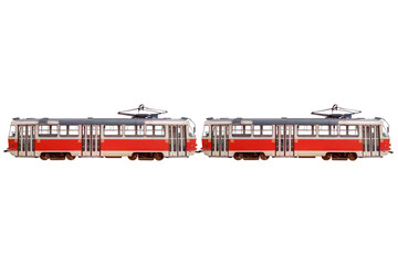 Two connected red tram isolated on white - obrazy, fototapety, plakaty