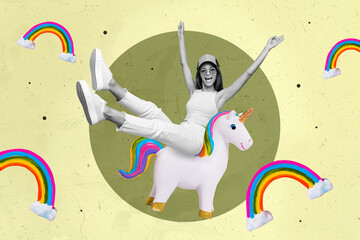 Creative collage portrait of overjoyed carefree girl black white colors sit toy unicorn raise hands...