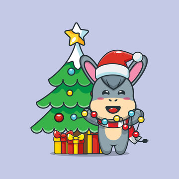 Cute donkey with christmast lamp. Cute christmas cartoon vector illustration.