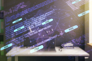 Fototapeta premium Multi exposure of abstract programming language hologram with world map and modern desk with computer on background, artificial intelligence and neural networks concept