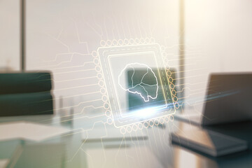 Double exposure of creative human brain microcircuit and modern desk with computer on background. Future technology and AI concept