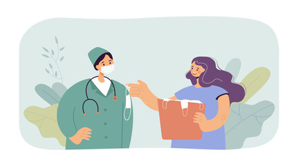Nurse giving clean facial mask to doctor. Therapist wearing medical mask for health protection flat vector illustration. Medicine, coronavirus concept for banner, website design or landing web page