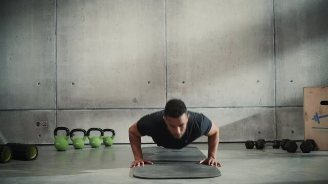 Online Workout Service: Professional Trainer Explaining Exercise, Video Tutorial, Virtual Training. Handsome Black Athletic Coach Teaching, Showing How to Do Push ups. Screen Replacement POV