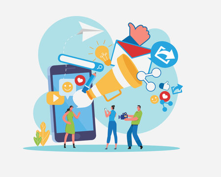 Digital marketing strategy team. Content manager. Online Social media. Flat cartoon character graphic design.