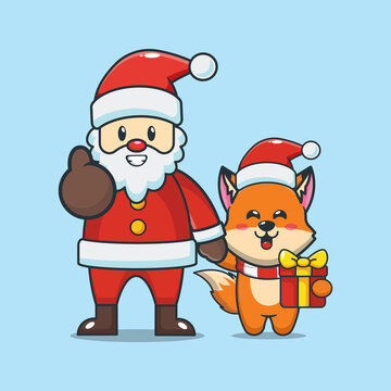 Cute fox with santa claus. Cute christmas cartoon vector illustration.