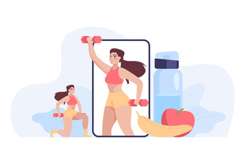 Tiny woman doing exercises using fitness app on huge phone. Personal program for training with online coach on mobile flat vector illustration. Health, sports, wellness, marketing concept for banner
