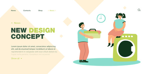 Cute children doing laundry together. Girl sitting on washing machine, boy holding dirty linen flat vector illustration. Housework, childhood concept for banner, website design or landing web page