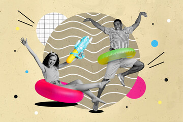 Artwork magazine picture of funky funny guy lady having fun summertime isolated drawing background