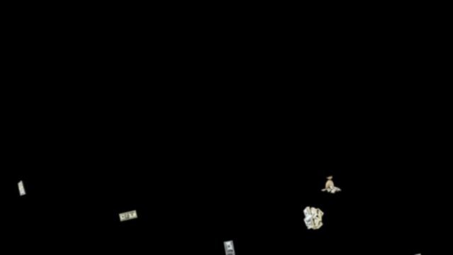 4K 60 fps animation of e-commerce products falling from top to bottom. Dollar, america, money, USA, finance, economy, euro, bitcoin, financial, bill, pay, payment, banknotes, coin, cent, capital