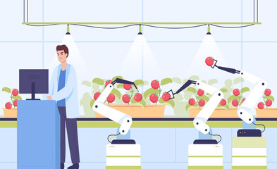 Cartoon scientist controlling automatic harvesting of tomatoes. Greenhouse with modern technology, robot arms picking vegetables flat vector illustration. Smart farming or agriculture concept