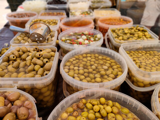 Sale of various olives at street market